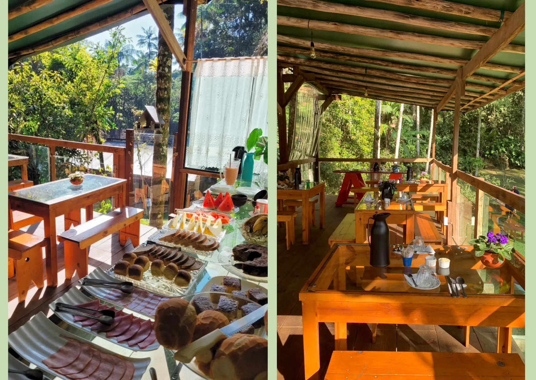 Café da manhã servido no deck com frutas e pães